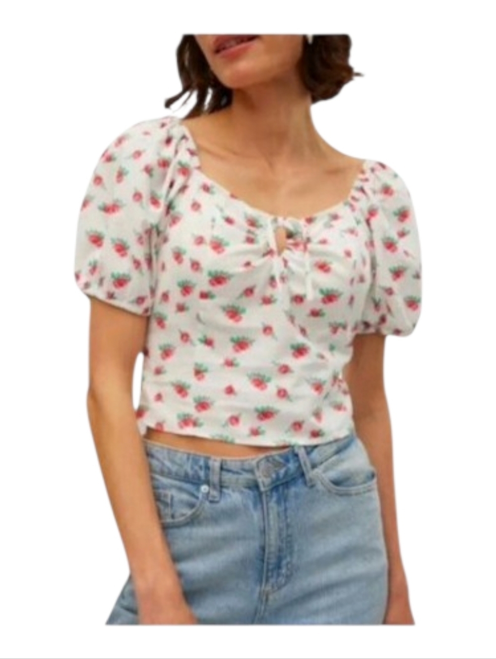 Vero Moda XL Dainty Floral Crop Top Snow White Sweetheart Puff Sleeve Summer